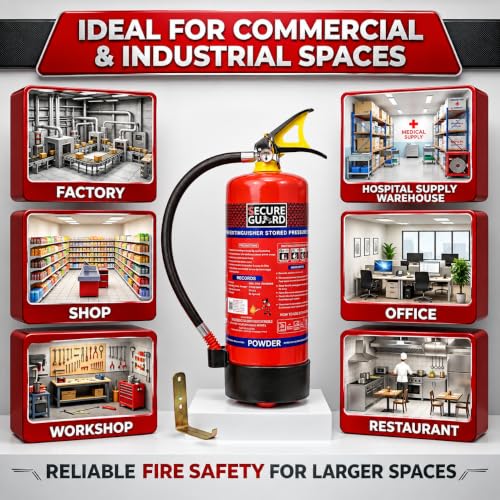 Image of Secure Guard ABC Powder Type 4 Kg Fire Extinguisher Red Fire Extinguisher ISI Mark with Wall Mount Hook and How to use Instruction Manual for Home, Kitchen, Office, School and Industrial Use