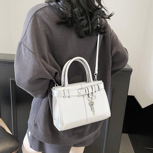 Bolso de cuero Tote para mujer con bandolera plateado miniatura 2
