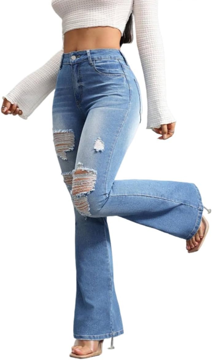 Bell Bottom Jeans for Women High Waisted Stretch Ripped Skinny Hole Classic Raw Hem Denim Flare Pants - Image 2