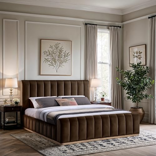 Image of Meridian Furniture AmaraBrown-K Collection Modern | Contemporary King Bed, Ultra Luxe Brown 460 GSM Velvet, Natural Finish, Solid Wood Base and Inner Frame, 82.5 inch W x 99 inch D x 51 inch H, Brown, King
