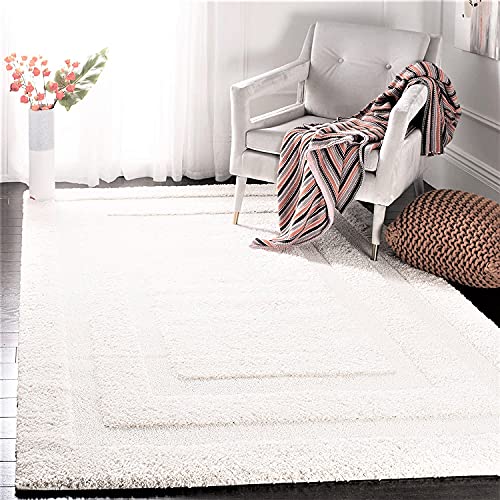 Image of Rectangular Box Square Shaggy Carpet for Living Room, Bedroom, High Low Design Finish Microfiber 1.8 Inch Pile High, 6x6 Feet White|White Color