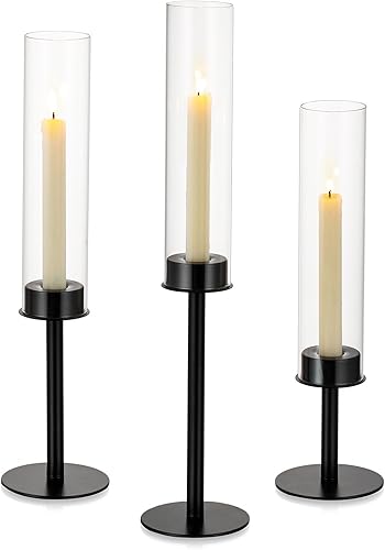 NUPTIO Candelabros negros para centro de mesa 3 piezas de soporte cónico de huracán con cubierta de vidrio a prueba de viento, cilindro largo de