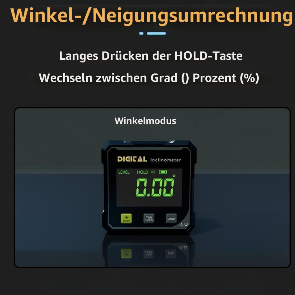 Digitaler Winkelsucher mit Elektronischem Laser - 4-seitige magnetische Winkellehre, Würfelneigungsmesser mit Hintergrundbeleuchtung, Hochpräzises Messwerkzeug für Holzbearbeitung, Tischsäge, Hängend