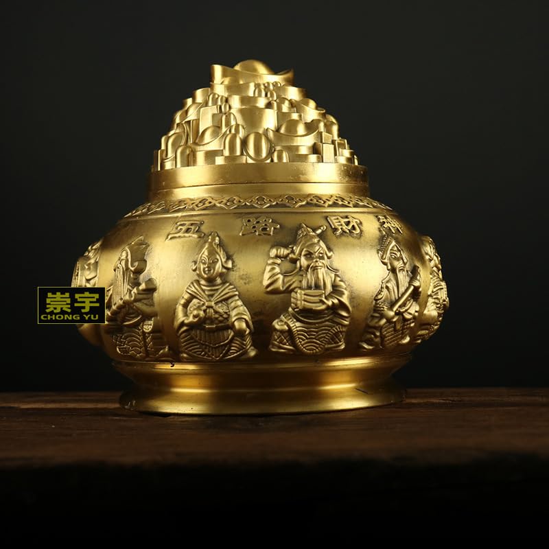 銅制 五路財神元宝 聚宝盆 招財進宝 応接間 博古架 装飾品 現代工芸品 置物 黄铜五路财神摆件手工彩绘聚宝盆财神铜制武财神佛像客厅摆饰