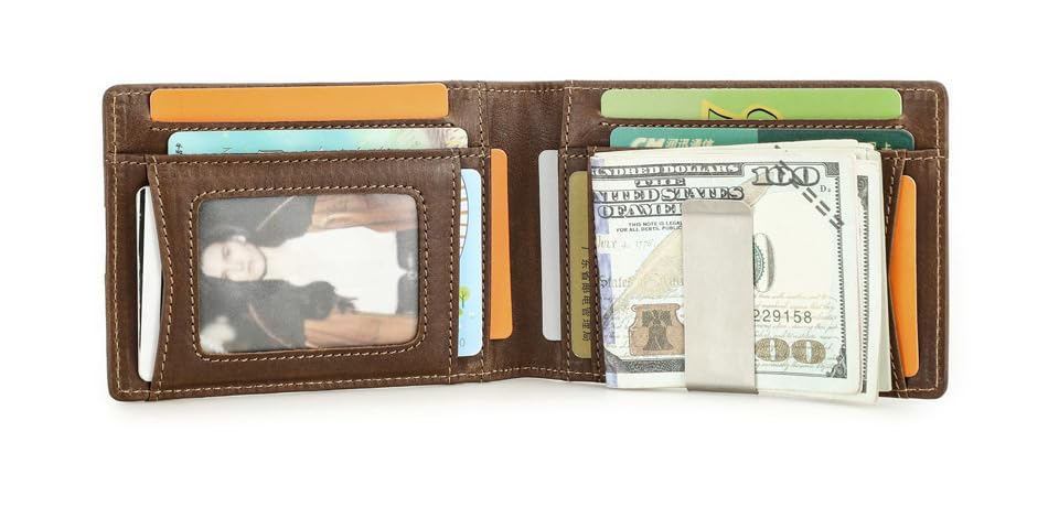 Retro Mens Genuine Leather Wallet RFID Blocking Ultra Thin Money Clip Design Personalized Gift (Coffee)2
