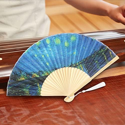 Pssopp 2Pcs Folding Handheld Fan Retro Vintage Hand Held Folding Fan Starry Starry Night Folding Fan with Art Pattern for Hanging Decor