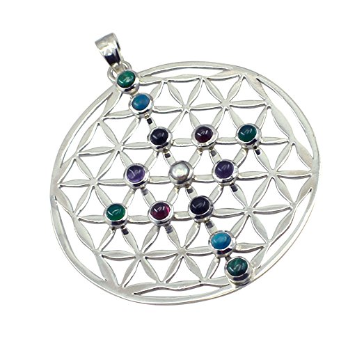 Pendentif rond argent sterling avec pierres précieuses naturelles médaillon