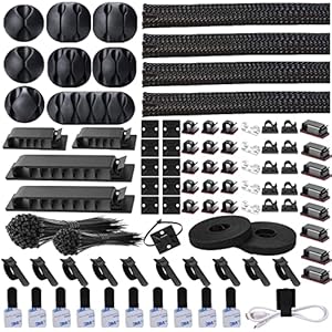 311Pcs Cable Management Organizer Kit 4 Cable Sleeve Split,53Cable Clips 12Cord Clips Holder,22 Cable Ties, 20 Adhesive Wall Cable Tie, 200Fasten Cable Ties for TV Office Home Electronics