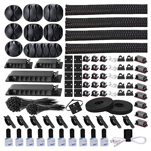 DRIVUU 311Pcs Cable Management Organizer Kit 4 Cable Sleeve split,53Cable Clips 12Cord Clips Holder,22 Cable Ties, 20 adhesive Wall cable Tie, 200Fasten Cable Ties for TV Office Home Electronics