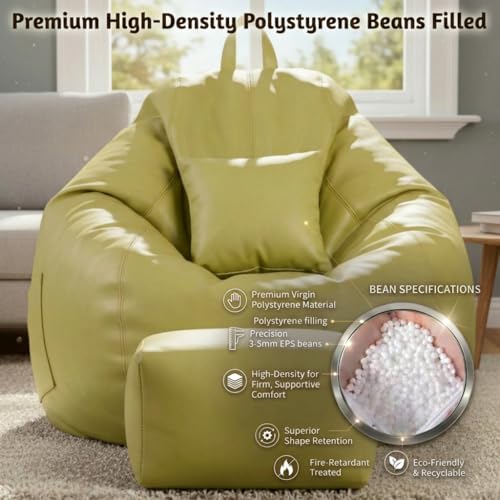 Image of KAM'S LIEU 5XL Luxury Faux Leather Bean Bag with Footrest & Cushion | Pre-Filled High-Density Polystyrene Beans | Premium Leatherette | 6 Months Warranty Color- (Olive Green, Without Footrest)