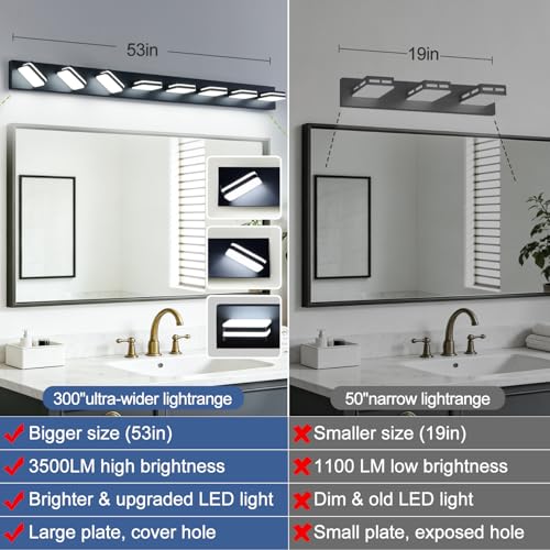 Image of Torondo 360 Rotate LED Bathroom Vanity Light Fixtures, Acrylic Vanity Lights for Bathroom, Modern Wall Lighting Fixtures Over Mirror Living, Matte Black, Natural White, 8-Light, 53-Inch