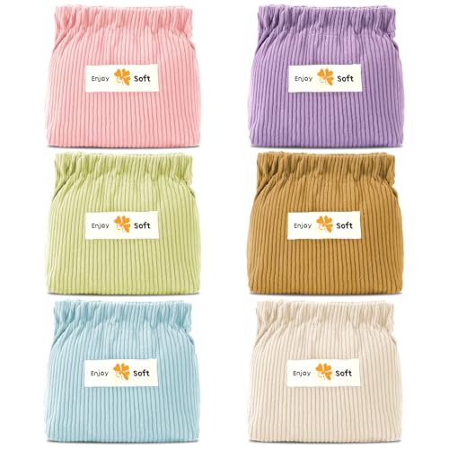 AUGSUN 6pc Corduroy Elastic Hair Tie Organizer, Storage Bag, Makeup Pouch, Travel Accessory, 5.11 x 1.96 x 4.72 IN, Milky White, Green, Blue, Coffee, Pink, Purple