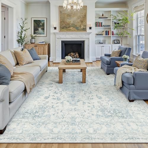 HUGEAR Area Rug 8x10 Vintage Blue Machine Washable Living Room Rugs Thin Neutral Floral Vacuumable Low Pile Carpet Bedroom Office Dining Room Laundry