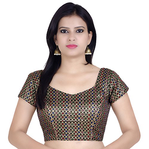 Chandrakala Womens Banarasi Brocade Saree Blouse | Art Silk Gold Zari Half Sleeve | Hook & Eye Closure | Wedding & Festive Wear | Multi XS (B106MUL1)