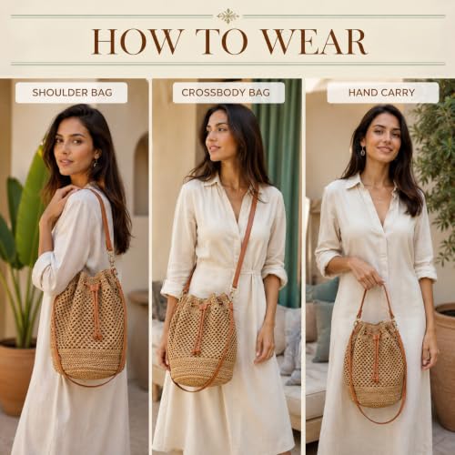 Image of Handmade Woven Straw Bucket Bag for Women Summer Casual Shoulder Purse Boho Style Drawstring Closure Lightweight Crossbody Tote Natural Fiber Beach Bag Travel Accessory with Adjustable Strap