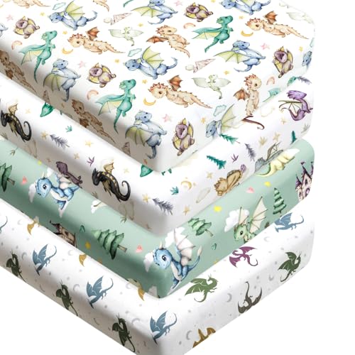 4 Pack Dragon Crib Sheets Neutral Unisex Fitted Nursery Baby Sheet Set Toddler Mattress Newborn Bedding Sheets for Baby Boys or Girls (Crib)