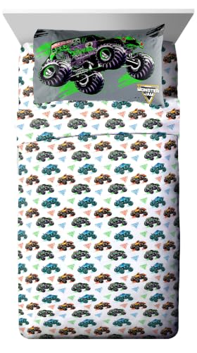 Image of Monster Jam Trucks Twin Comforter Set 5 Piece Kids Bedding for Boys, Black | Grave Digger Megalodon, Comforter Sheets Sham Pillowcase, Official Product, Soft Microfiber, Machine Washable, Boys Gift