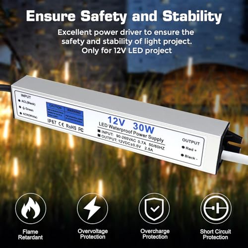 Image of LED Driver 30 Watts, IP67 Waterproof 12V Power Supply, AC 90-265V to DC 12V 2.5A Low Voltage Transformer with 3-Prong Plug 3.28ft Cable for LED Lights, Computer Project, Outdoor Use