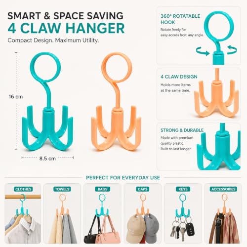 Image of Heda Multi-Function 360 Rotatable 4-Claw Hook Hangers | Space Saving Closet Organizer for Clothes, Bags & Accessories | Multicolor (4)