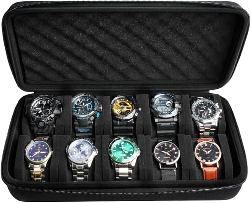 Image of Travel Watch Case Organizer Watch Box With Zipper Heavy Duty Portable Travel Friendly Case Fits all Wristwatches & Smart Watches Up To 60MM Compatible for Apple Watch (Black,10 Slots)