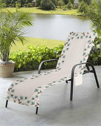 Elegant Flower Beach Chair Towel Covers for Chaise Lounge with Side Pocket, Soft Plush Pool Towels Cover for Patio Sunbathing Outdoor 29''x85'' Rustic Vintage Teal Tulip Farmhouse Floral
