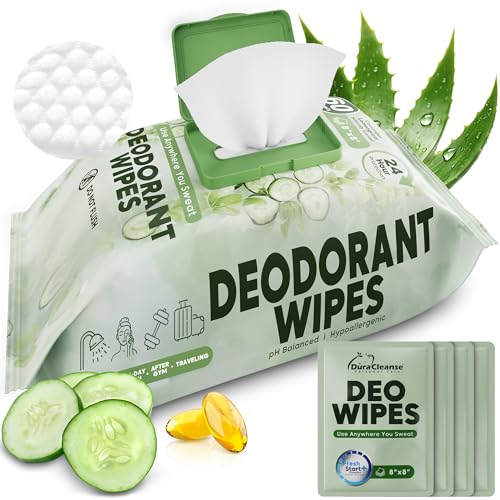 XL Deodorant Wipes for Women - 60 Ct. + 4 Travel Body Wipes Individually Wrapped - 8x8 Odor Eliminator Towelettes for Underarm Body Feet - pH Balanced Armpit Smell Remover for Gym & Post Workouts