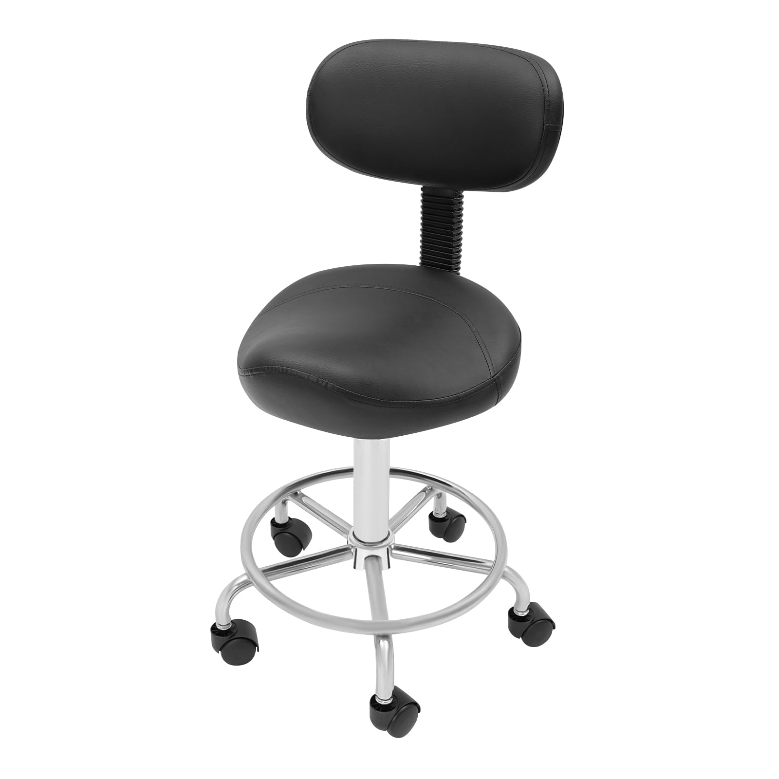Sgabello a sella regolabile in altezza, con schienale, girevole a 360°, colore nero, design ergonomico, seduta comoda in poliuretano, per casa, salone, officina, 150 kg, portata 45-59 cm