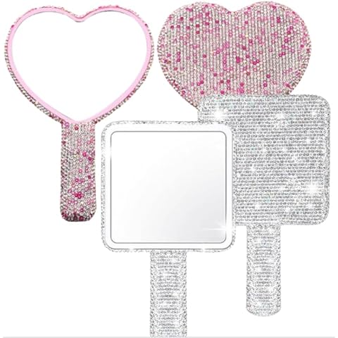 Set of 2 Handheld Handbag Mirrors - Pink Heart & Silver Square Rhinestone Encrusted, Durable Glass & Acrylic, Compact for Travel - Glamorous Beauty Accessory for Daily Use Home or Out Cover