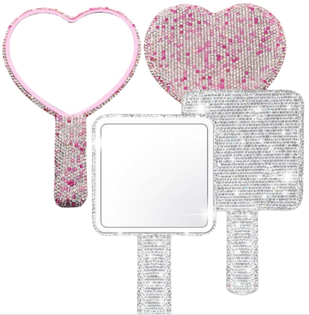 Vellichor Beach Set of 2 Handheld Handbag Mirrors - Pink Heart & Silver Square Rhinestone Encrusted, Durable Glass & Acrylic, Compact for Travel -