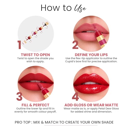 Image of Parul Garg Beauty Royal Bloom 4-in-1 Bold Shades Liquid Lipstick Stack with Gloss | Matte, Transfer-Proof, Lightweight | Travel Friendly Stackable Lipsticks for Women | Made for Indian Skin Tones