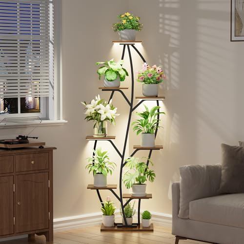 Image of Plant Stand Indoor with Grow Lights - Lighted Indoor Plant Shelf, 63 inch 8 Tier Corner Plants Stands for Indoor Growing, Leaf-Shaped Tall Flower Display Shelves Holder for Living Room, Bedroom, Black