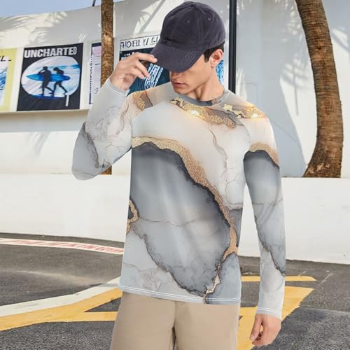 Marble White Grey Men's Swim Shirts UPF 50+ Lightweight Elasticity Sun Shirt for Men Long Sleeve Hiking 5