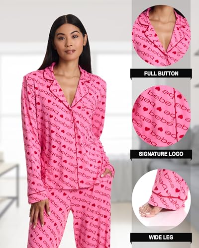 bebe Button Down Pajamas for Women, Long Sleeve Button Up Pajamas with Pants, Ladies Sleepwear PJ Set2