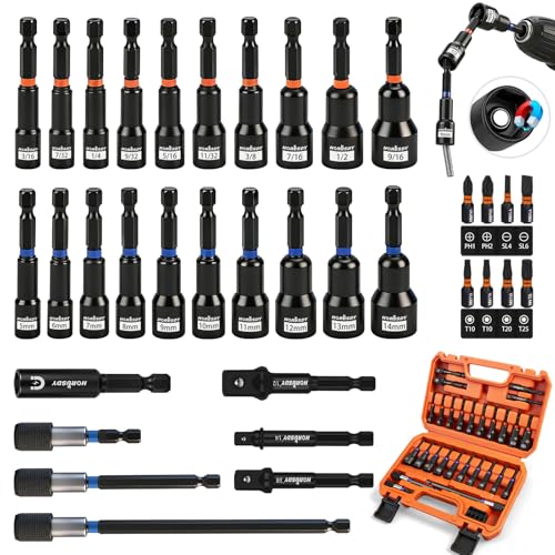 35 PCS Magnetic Nut Driver Set Impact Drill Driver Bit 1/4 Hex Shank SAE & Metric Cr-V Steel Nut Drivers with Quick-Release Extensions Impact Socket Adapters Bit Holder 8PCS S2 Bits Toolbox