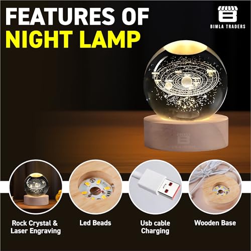 Image of 3D Solar System Crystal Ball Night Light, Planet Ball for Bedrooms, Table LED Lamp with Woodern Base for Teens Boys and Girls