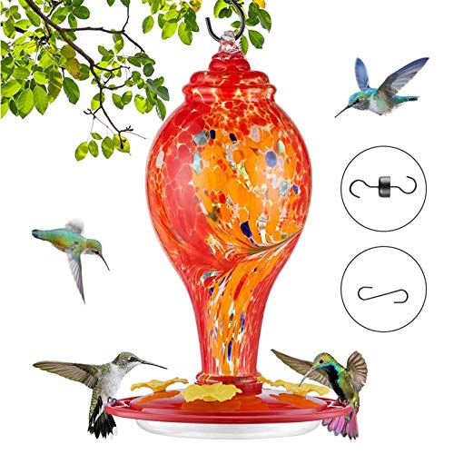 Hummingbird Feeders for Outdoors, Hand Blown Glass Hummingbird Feeder, Bird Feeders for Outside, Upgraded Never Leak Bird Feeder by Sahala Sailor (36-oz) (Red)