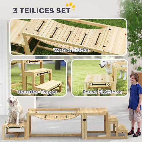 PawHut Agility Set Hunde 3-teiliges Set Agility-Ausrüstung mit Brücke, Treppe, Plattform, Hundetraining aus Tannenholz für mittelgroße, große Hunde bis 40 kg, Naturholz