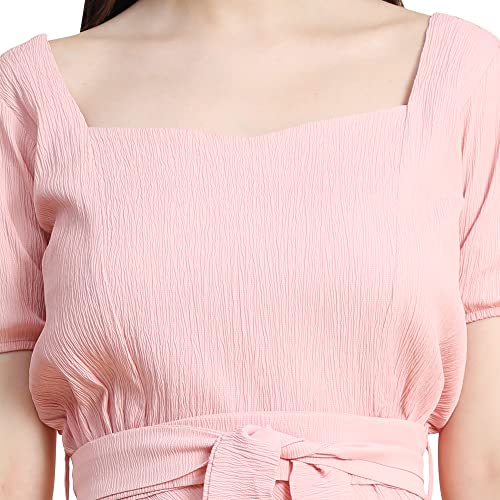 Image of KERI PERRY Women's Peach Cotton Blend Solid Fit & Flared Western Dress | Dress for Women | A line Dress | Winter Dress | Western Dress | Women Dress | Trendy Dress | Midi Dress
