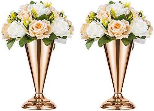 NUPTIO 2 Pcs/Set Tabletop Metal Wedding Flower Trumpet Vase Table Decorative Centerpiece Artificial Flower Arrangements for Anniversary Ceremony Party Birthday Event Aisle Home Decoration