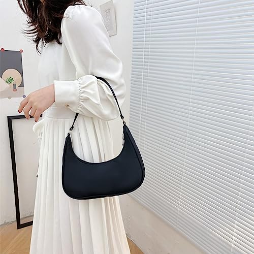 Aucuu Umhängetasche Damen Handtasche, Nylon Retro Achsel Tasche mit Pom-Pom-Schlüsselanhänger, Y2k Fashion Unterarmtasche mit Reißverschluss-Geschenk für Weihnachten und Geburtstag, Schwarz