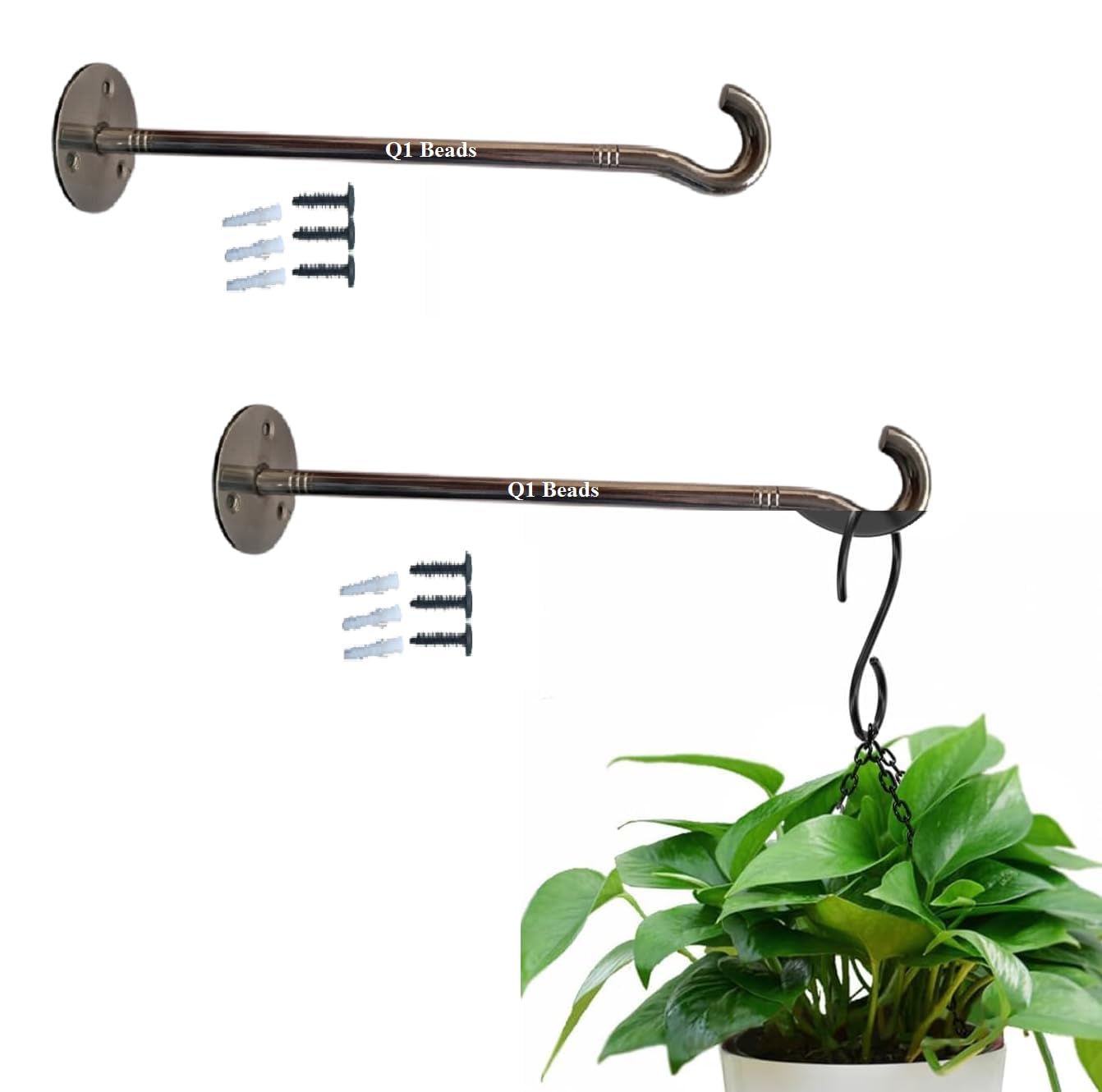Q1 Beads 2 Pack Stainless Steel Plant Hangers for Hanging Baskets,Hose Plant Brackets for Hanging Plants Outside, Plant Hooks Plant Wall Hooks for Hanging Lantern, Bird Feeder(Chrome)-Multipurpose
