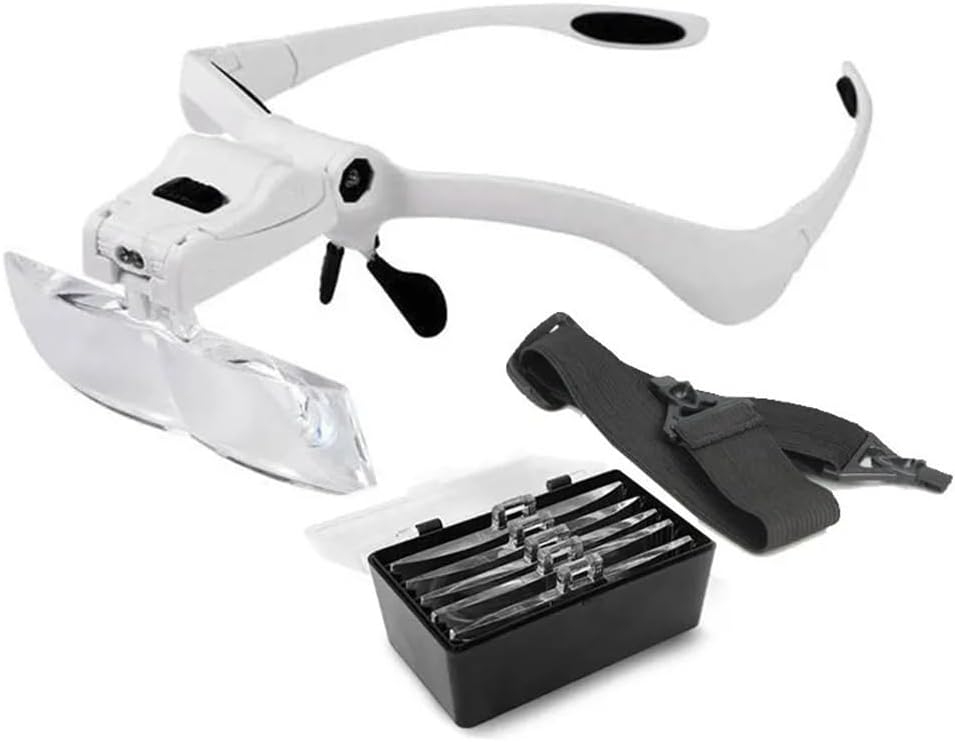 Lab Microscope Parts Portable Magnifying Glass with Two LED Lamps, Bracket and Headband is Interchangeable(White)