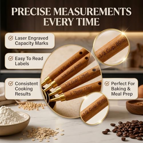 Image of Gold Stainless Steel Measuring Cups and Spoon Set | Wooden Handle Measuring Spoon Scoop Set | Measuring Cups and Spoons Set | Baking Utensils
