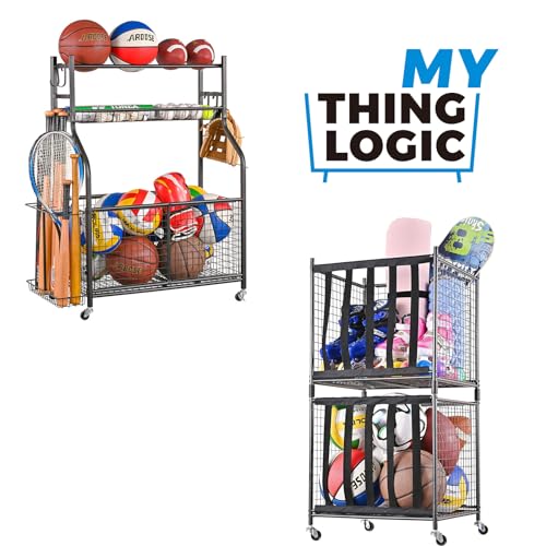 Mythinglogic Rolling Sports Ball Storage Cart, Sports Lockable Ball Storage Locker with Elastic Straps, Stackable Ball Cage for Garage Storage Garage Organizer (2 Sets