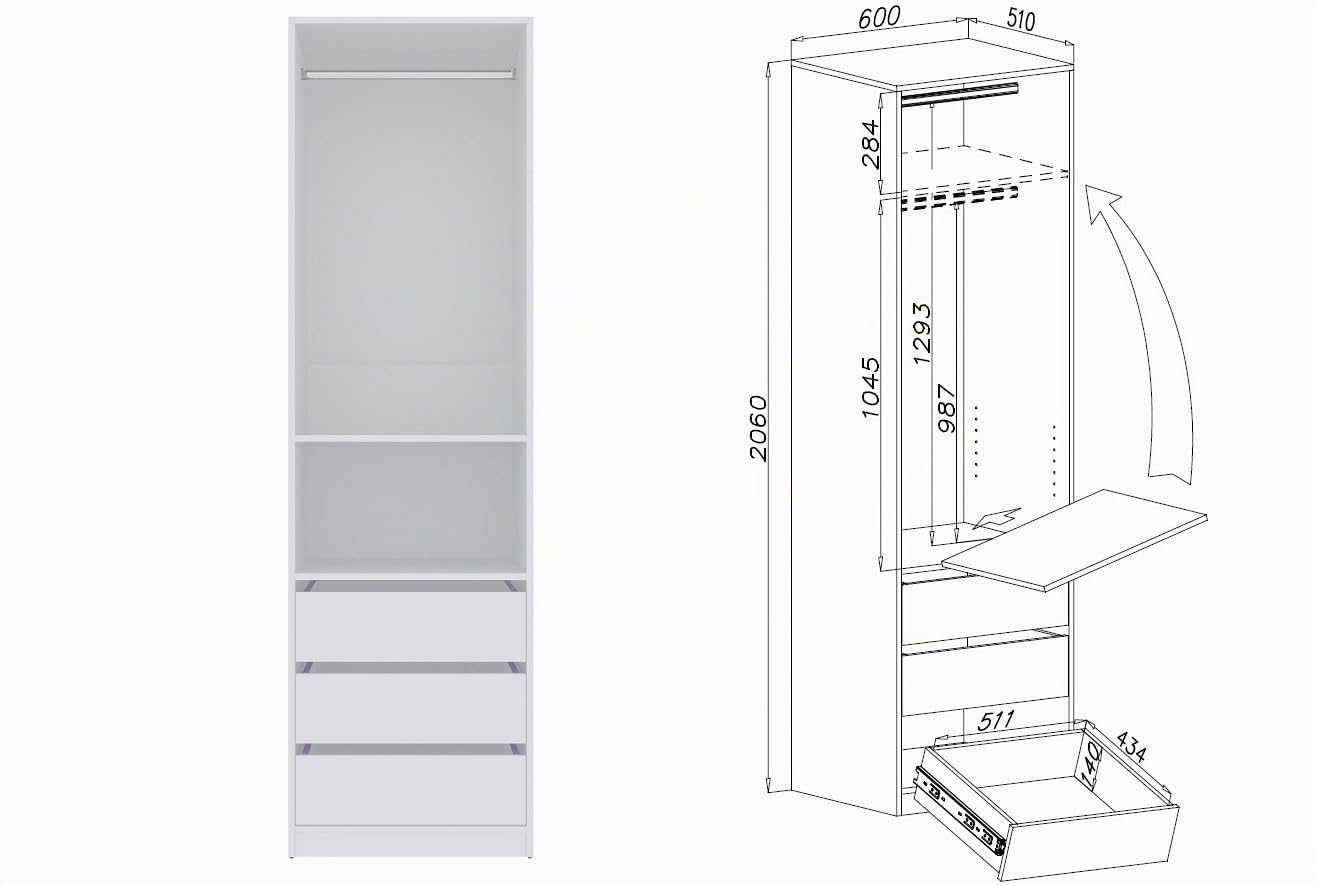 Marmex Eckgarderobenschrank-Set TRES D, offener Kleiderschrank mit Kleiderstangen, Einlegeböden für Kleidung, Schuhe, Schlafzimmermöbel ohne Türen mit Schubladen, 190/111x206x51 cm (weiß)