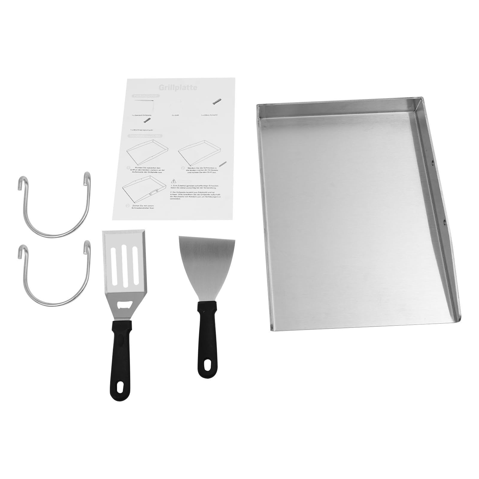 Plancha, piastra per barbecue in acciaio inox, resistente al calore a 338 °C, 40 x 30 cm, con 2 spatole e manici rimovibili, per esterni e campeggio
