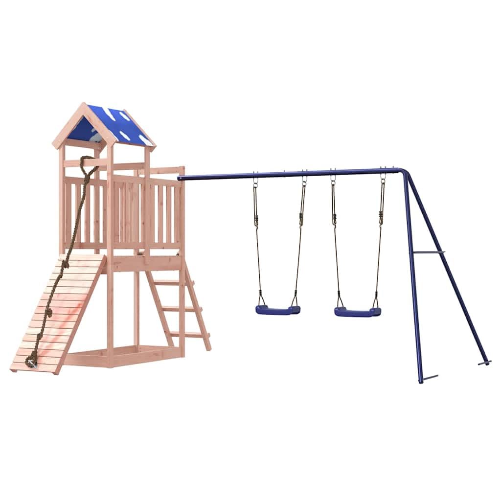 Wieża do zabawy z litego drewna daglezji, podest 90 cm, podwójna huśtawka, ścianka wspinaczkowa z liną, drabina, piaskownica do ogrodu, na taras i podwórko, dla dzieci w wieku od 3 do 8 lat