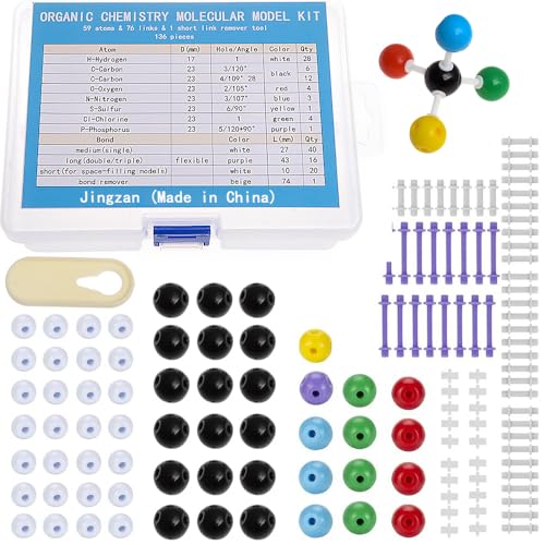 Jingzan 136 Pieces Organic Chemistry Model Kit, Chemistry Molecular Model Kit Set for Student or Teacher - 59 Atoms & 76 Bonds & 1 Short Link Remover Tool - Science Toys