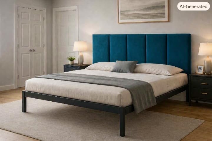 Image of Modern Velvet Upholstered Metal Bed Frame Queen Size - Durable Teal Headboard, Contemporary Bedroom Furniture