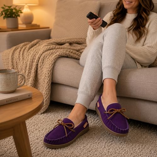 Image of Alpine Swiss Sabine Womens Moccasin Slippers Genuine Suede House Shoe Memory Foam Insole Plush Faux Shearling Fur Indoor Outdoor Anti-Slip Rubber Sole